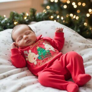 Vintage Baby’s 1st Christmas Romper Reindeer Embroidery – 0–3 Months